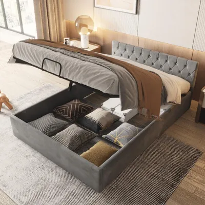 Obrázok produktu pre Postel s čalúneným čelom 140x200 cm, sivá, s látkou zamat, s gombíkmi, s hydraulickým úložným priestorom a latkovým roštom, vhodná do spálne