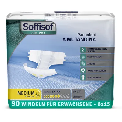 Zdjęcie produktu dla Soffisof Classic pieluchomajtki dla dorosłych Extra M - 90x majtki chłonne - 6 opakowań po 15 pieluch dla dorosłych, 7 kropli - jednorazowe majtki chłonne