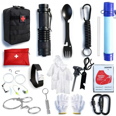 Immagine prodotto di Kit di sopravvivenza per attività all'aperto, set di emergenza per campeggio, completo di filtro per l'acqua, colore nero
