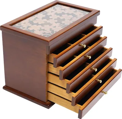 Produktbild von Schmuckkästchen aus Holz - Schmuckbox - 6 Ebenen - Abschließbar - Geschnitzter Deckel - Samtfutter - Für Halsketten, Armbänder, Ringe - Walnussbraun