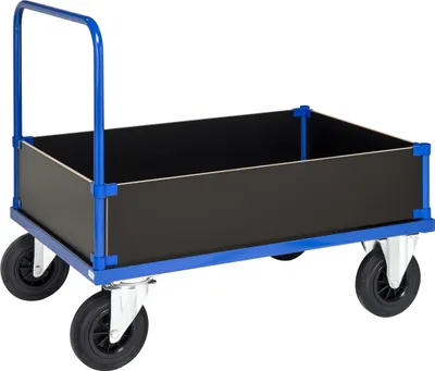 Produktbild von Kongamek Kastenwagen in blau 1000x700x900mm mit verzinkter Ladefläche, Schiebegriff und 4 Wänden 400mm hoch mit Gummibereifung ohne Bremse