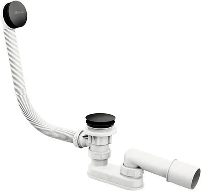 A white bathtub drain and overflow assembly with a flexible hose and black caps.