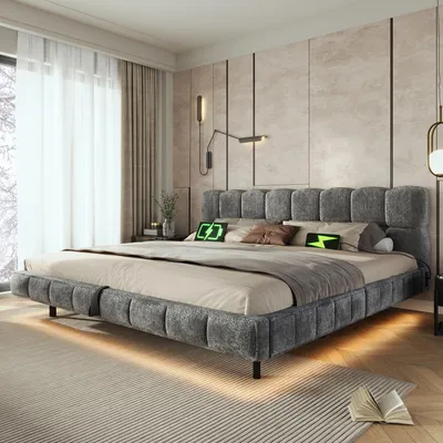 Productafbeelding van STILVORA beklede boxspring 180x200 cm met hydraulische opbergruimte, tweepersoonsbed met LED-verlichting en USB-aansluiting, jeugdbed met zweefeffect en chenille bekleding