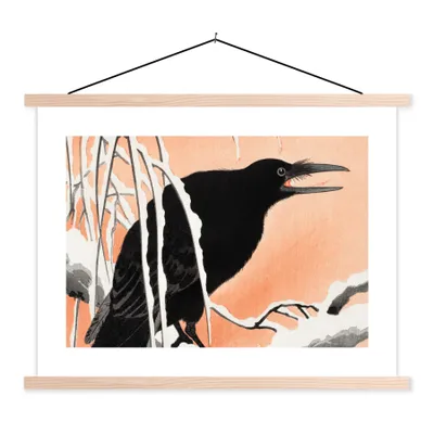 Obrázek produktu pro MuchoWow® Textilní plakát - Pták - větev - japonština - design - 40x30cm - S hnědými lamelami