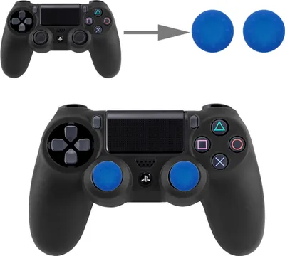 A black PlayStation controller with blue thumbstick covers is shown, with an arrow pointing from a controller without the covers to two blue thumbstick covers.