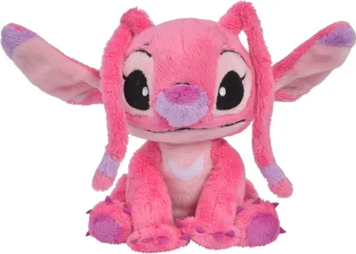 A pink plush toy of the character Angel from Lilo & Stitch is sitting and facing forward against a white background.