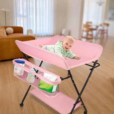 Produktbild von Baby Wickeltisch Mobile Klappbar Wickelkommode mit Aufbewahrungskorb Abschliessbaren Rädern Höhenverstellbarer Rosa