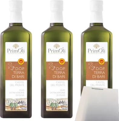 Produktbild von PrimOli Terra di Bari Castel del Monte Natives Olivenöl extra 3er Pack (3x500ml Flasche) + usy Block