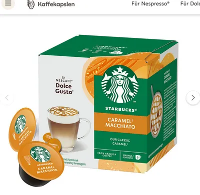 A box of Starbucks Caramel Macchiato Nescafé Dolce Gusto coffee capsules, with some capsules shown in the foreground.