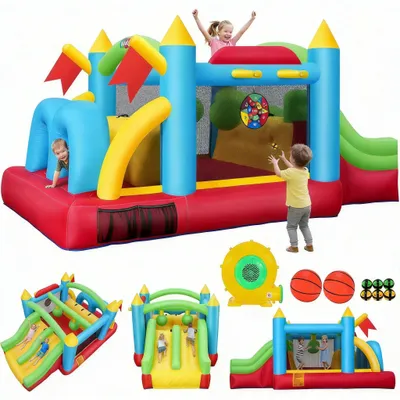 Image de Château gonflable pour enfants de 3 à 12 ans, 488 × 270 × 213 cm Parcours d'obstacles avec toboggans doubles, murs d'escalade, panneau de basket-ball, jeu de fléchettes - Paradis gonflable pour les enfants