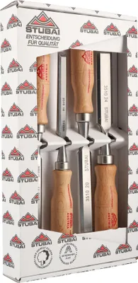 Produktbild von STUBAI Stemmeisensatz Stechbeitel Set mit Holzgriff aus Rotbuche, 4-teilig (12,16,20,24 mm), Stemmeisen zur präzisen Bearbeitung von Holz hochwertiges Werkzeug für Schreiner Tischler Heimwerker