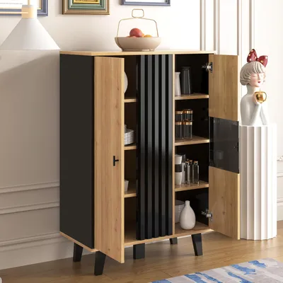 Image de OKWISH Buffet avec Portes en Verre et Éclairage LED, Rangement pour Salon et Salle à Manger, Design Moderne Noir et Bois Naturel, 80x40x120 cm