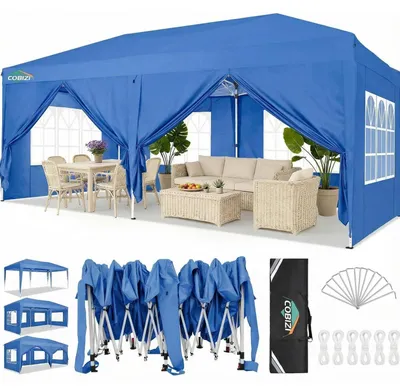 Productafbeelding van Pop-up tent 3x6m, blauw, waterdicht, stabiel, met UV-bescherming, inclusief 6 zijpanelen en draagtas