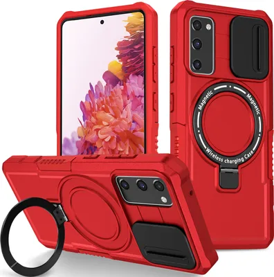 Produktbild von Handyhülle für Samsung Galaxy S20 FE 5G Kompatibel mit MagSafe, Robuste Hülle mit Schiebe Kamera Schutz, Magnetischer Ringständer Rot