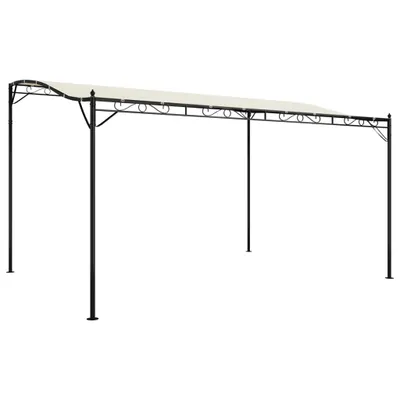 A white background with a black metal frame pergola with a cream canopy.