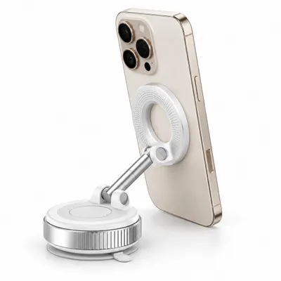 Produktbild von Handyhalterung Auto magnetisch mit Saugnapf – klappbar & schwenkbar, Handyhalter Armaturenbrett, Navi-Halterung mit Magnetring – Weiß