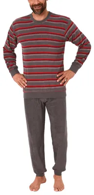 Produktbild von Herren Frottee Pyjama langarm Schlafanzug mit Bündchen in Streifenoptik - 291 101 13 578 ; grau , 48