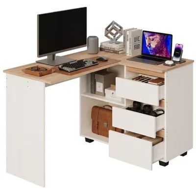 Produktbild von Eckschreibtisch mit Computerablage, Regalen und Schubladen, moderner Loft-Stil