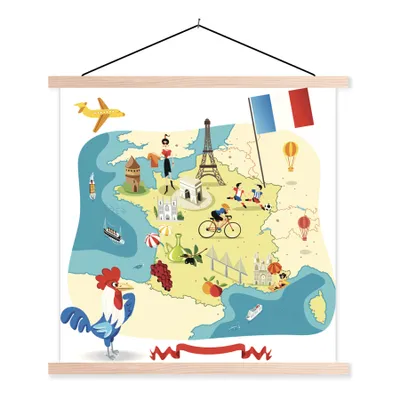 Obrázek produktu pro MuchoWow® Textilní plakát - Ilustrovaná mapa Francie - 60x60cm - S hnědými lamelami