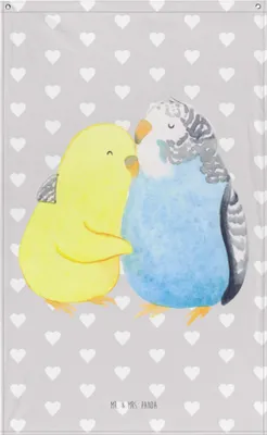 Produktbild von Mr. & Mrs. Panda Wandteppich Wellensittich Liebe - Grau Pastell - Geschenk, Kuscheln, Verknallt, Umarmung, Gobelin, Tapestry, Tapisserie, Hängedeko, Freundin, Wandbild