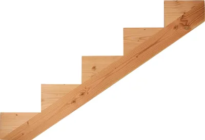 A wooden staircase stringer with five steps against a white background.