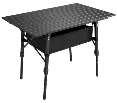 Produktbild von Campingtisch mit Aufbewahrungskorb, höhenverstellbar, faltbar, Aluminium, Schwarz