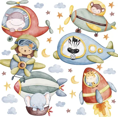 Produktbild von Muralo Wandsticker Set für Kinderzimmer TIERE Flugzeuge Wolken Sterne Punkten 60x30 cm Aufkleber Set für Baby