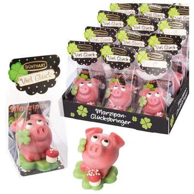 Produktbild von 15 Stück Marzipan Schweinchen auf Kleeblatt im Cellophanbeutel