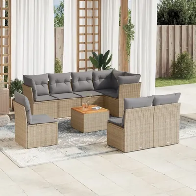 Produktbild von Design 9-tlg. Garten-Sofagarnitur mit Kissen Beige Poly Rattan, Gartenmöbel-Sets 2024 Neu