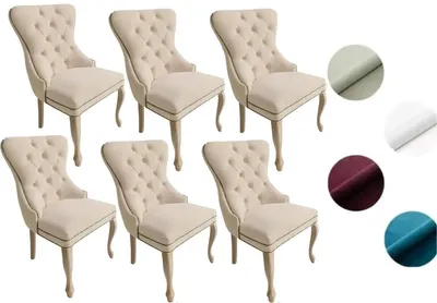 Produktbild von Chesterfield Stuhl MADAME 2 (6 Stück) – eleganter Polsterstuhl im Glamour-Stil, Samt Beige, Holzbeine in hellem Rustikal-Finish, Komfortsitz