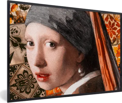 Produktbild von MuchoWow® Gerahmtes Poster Das Mädchen mit dem Perlenohrring - Vermeer - Collage 30x20 cm - Poster mit Schwarzem Bilderrahmen Wandposter Rahmen Foto Bilder - Kunstdruck - Bild-Poster