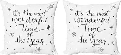 Zdjęcie produktu dla Zestaw białych poszewek na poduszki ABAKUHAUS (2 szt.), świąteczny obraz typograficzny z napisem It's the Most Wonderful Time of the Year, 40 x 40 cm, czarno-biały