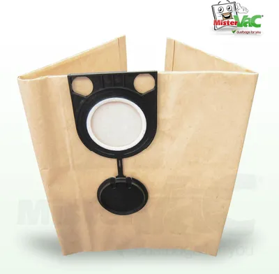 A close-up studio shot of a brown paper vacuum cleaner bag with a black plastic connector and lid.