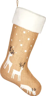 A Christmas stocking with a burlap texture, decorated with white stars and reindeer.