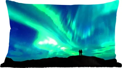 Produktbild von MuchoWow® Zierkissen Sofakissen Wohnzimmer Dekokissen 50x30 cm Nordlichter - Silhouette - Berg - Wohnzimmerdekoration - Polster mit Photo