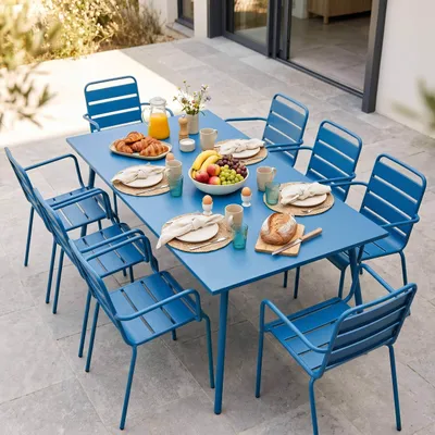 Produktbild von Gartentisch und 8 Metallsessel Pazifisch blau - Oviala Palavas