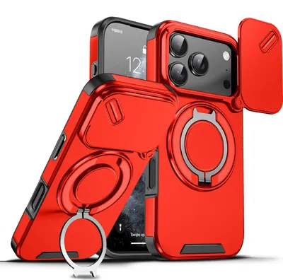 Obrázek produktu pro Dvouvrstvé pouzdro pro iPhone 17 Pro, s posuvným krytem fotoaparátu a magnetickým kroužkovým stojánkem Červený