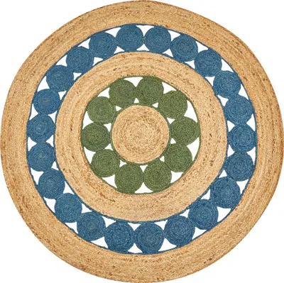 Produktbild von BELIANI Teppich Blau und Grün Rund ø 140 cm Rustikaler Boho Spirale Geflochtene Handgefertigt Natur Jute Schlafzimmer Wohnzimmer