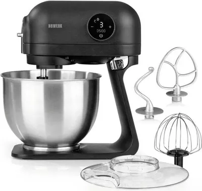 A black N8WERK kitchen mixer with a digital display and various attachments, including a whisk, dough hook, and flat beater, is shown against a white background.