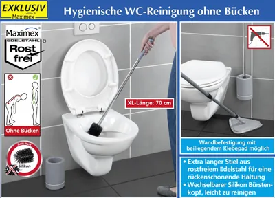 Produktbild von WC-Bürste extra lang, 70 cm, Edelstahl/Silikon, Wandbefestigung ohne Bohren, auswechselbarer Bürstenkopf