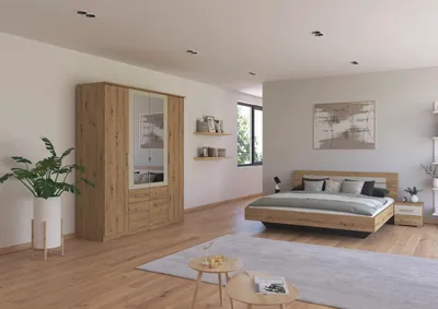 Produktbild von Schlafzimmer Burano in Eiche und Beige 4 teilig – mit Drehtürenschrank 4trg, Doppelbett 180x200cm und zwei Nachttischen