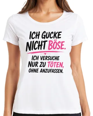 Immagine prodotto di T-shirt da donna, colore bianco, taglia M, con la scritta: "Non ho cattive intenzioni. Solo tentativi di omicidio. Sarcasmo. Espressione."