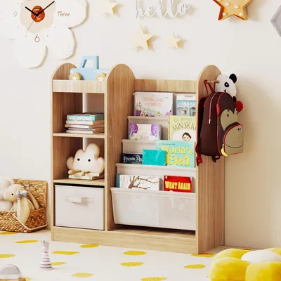 Zdjęcie produktu dla COSTWAY 87,5x30x90 cm regał dziecięcy, regał dziecięcy z lustrem, 4 półki, szuflady z tkaniny i 3 haczyki, stojak na czasopisma, regał dziecięcy natura