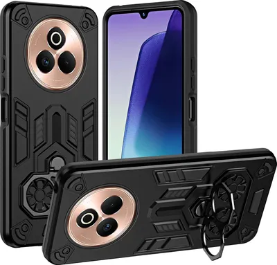 Produktbild von Hülle für Realme 14 Pro+ Dual Layer PC TPU Militärqualität Stoßfest Rüstung Handyhülle mit Ring Metall Ständer Schwarz
