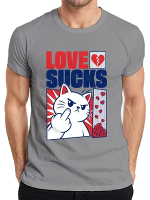 Immagine prodotto di Maglietta da uomo, colore grigio, taglia XXL, con scritta "Love Sucks", immagine di un gatto che mostra il dito medio, e tono sarcastico