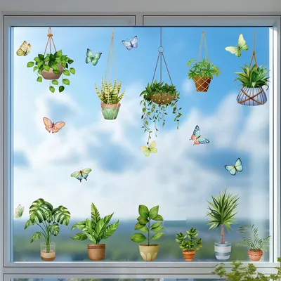 Produktbild von 3 Stück Fensterbilder Frühling Topfpflanze Grüne, Fenstersticker Hängende Pflanzen, Vögel Anti-Kollision Doppelseitig Glasaufkleber, für Kinderzimmer Küche Fensterdeko
