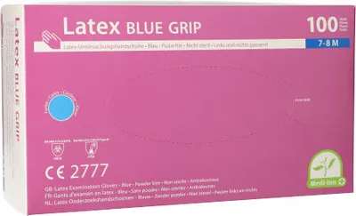 Produktbild von Medi-Inn Latex blue grip Einmalhandschuhe blau puderfrei (Größe: M, 10 x 100 = 1000 Stück)