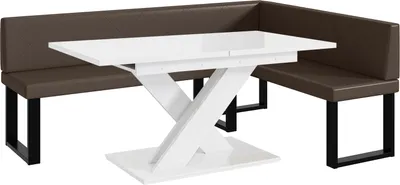 Produktbild von MEBLINI Eckbank für Esszimmer mit ausziehbarem Tisch  - Küchenbank - Essecke - Sitzecke Küche - ERIC - U-Beine 142x196x87cm Rechts - Braun Kunstleder/B Weiß Hochgl.
