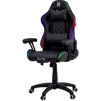 A black gaming chair with RGB lighting.