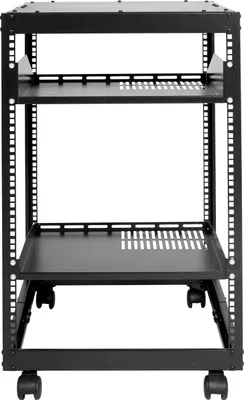 Obrázok produktu pre SucceBuy 15U serverový stojan s otvoreným rámom, nastaviteľná hĺbka 15'' - 40'', voľne stojaci/nástenný, 4 stĺpiky s kolieskami, pre IT/AV zariadenia